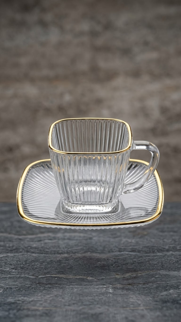 Glass cup saucer golden line Set of 6 pcs –