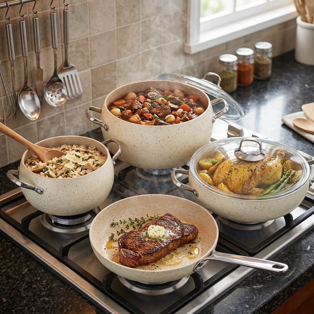 The Korkmaz A2656 Mondea 7Piece Cookware Set is a non-stick granite cookware