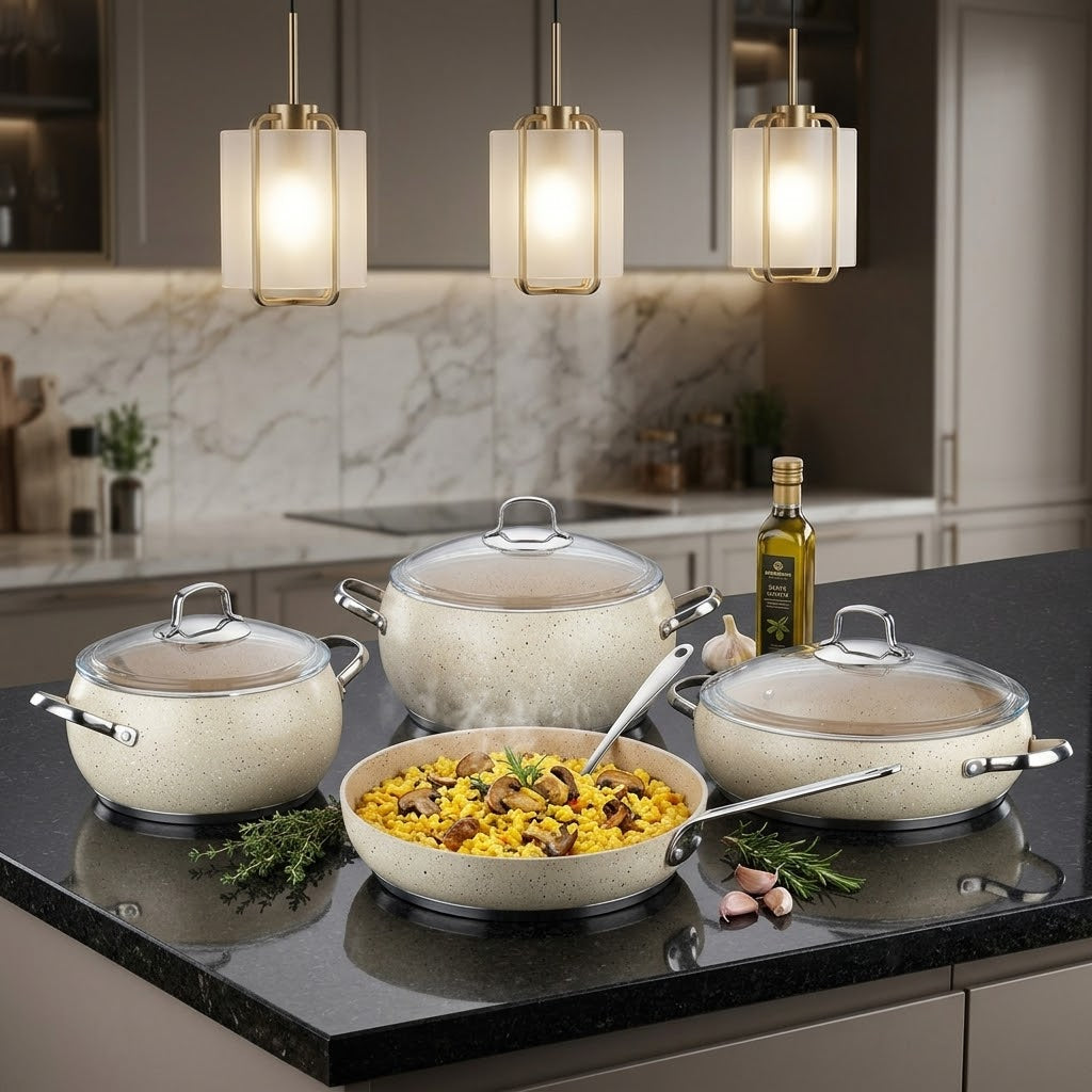 The Korkmaz A2656 Mondea 7Piece Cookware Set is a non-stick granite cookware