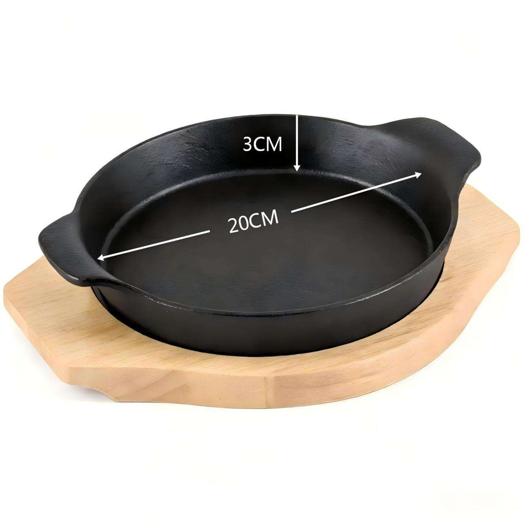 Custom Round Cast Iron Sizzling Steak Plate with Wooden Base Non-stick Serving Skillet Pans Enamel Fajita Pan for Restaurant