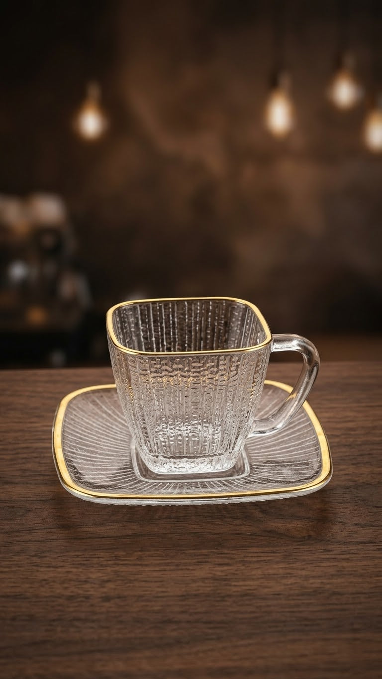 Glass cup saucer golden line Set of 6 pcs –