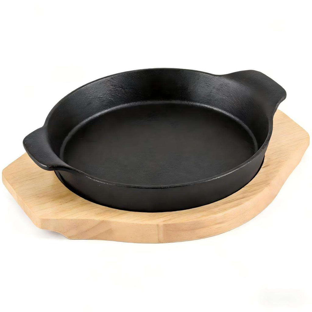 Custom Round Cast Iron Sizzling Steak Plate with Wooden Base Non-stick Serving Skillet Pans Enamel Fajita Pan for Restaurant